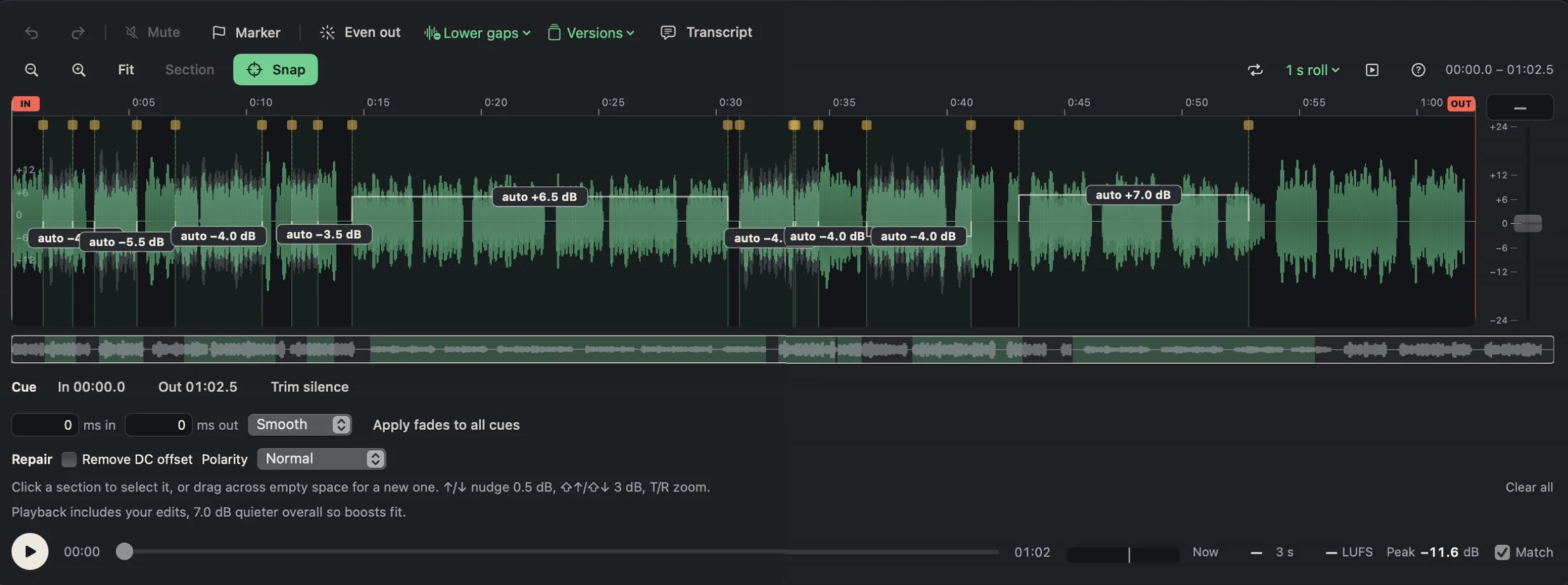 CueLevel's Edit mode: a zoomable waveform with Even out's sections labelled +6.5 dB, −4.0 dB and +7.0 dB, a fader, and trim and fade controls.